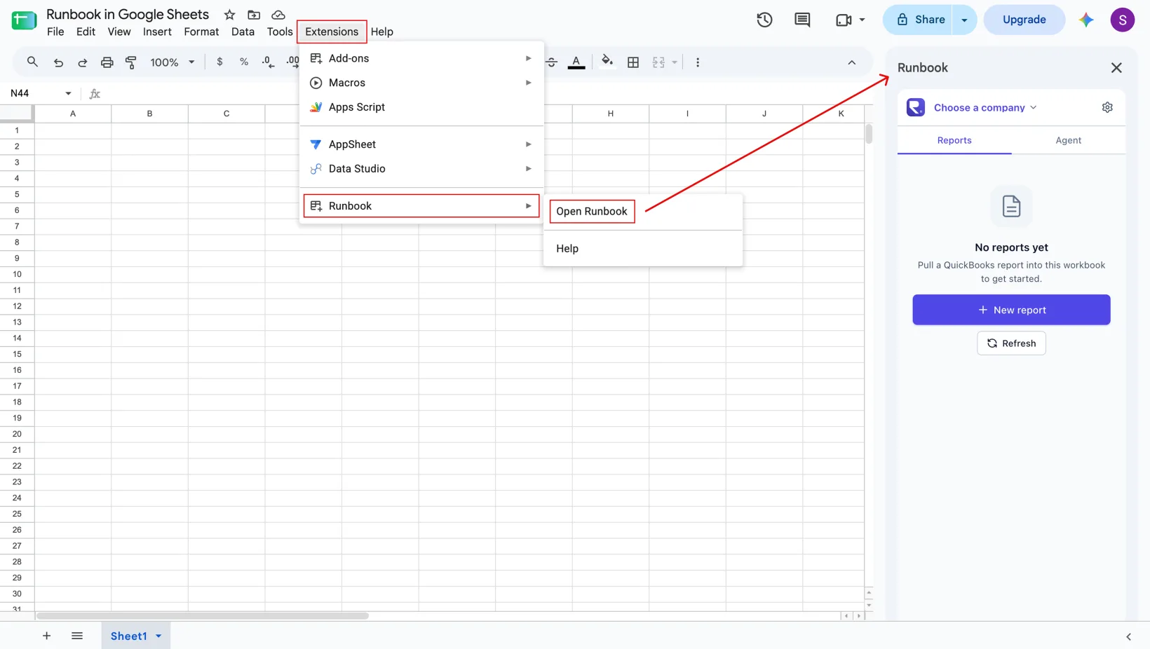 The Google Sheets Extensions menu with Runbook highlighted and Open Runbook selected, and the empty Runbook panel open on the right side of the spreadsheet