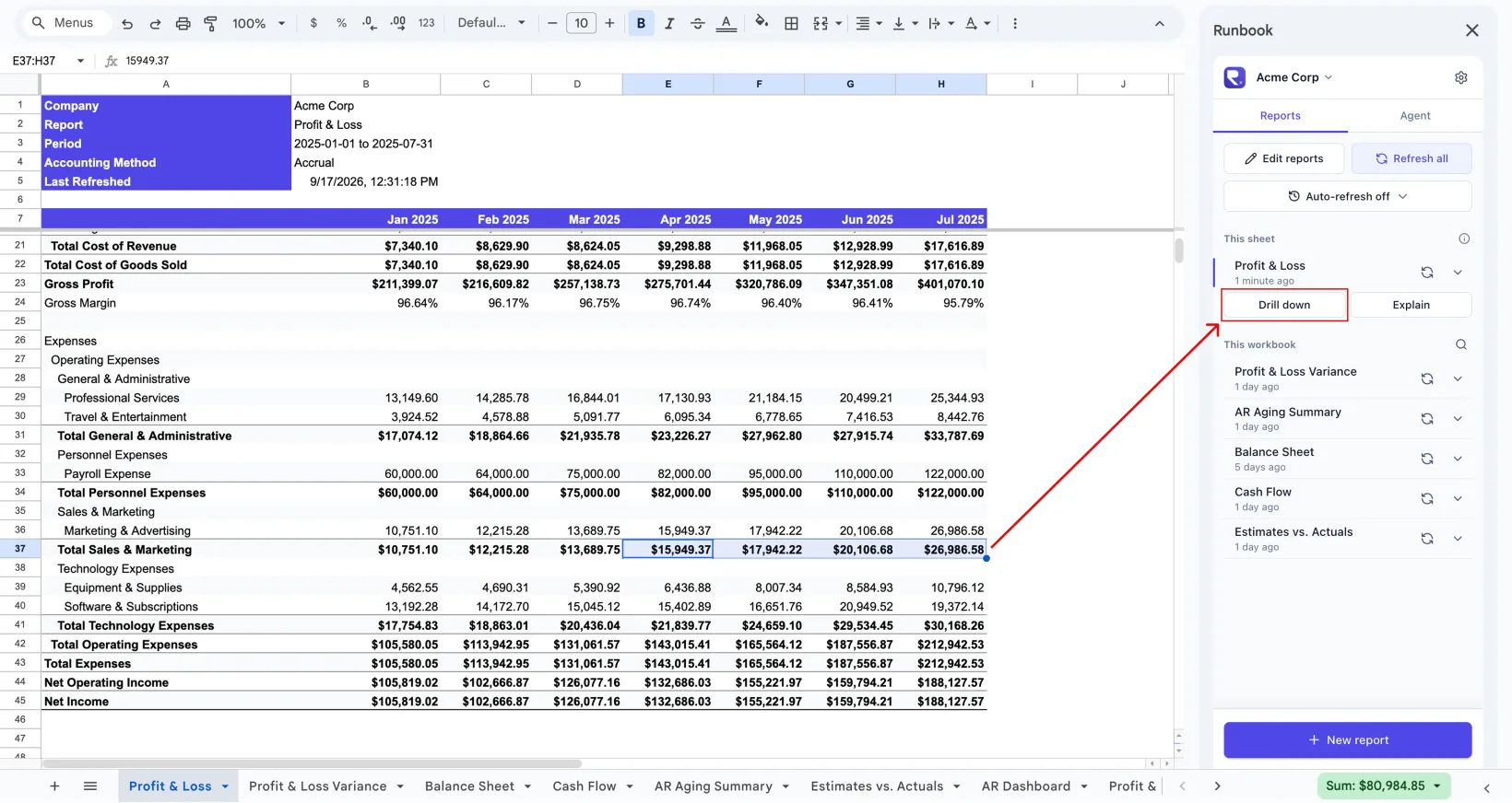 A Profit and Loss in Google Sheets with expense cells selected across several months, and the Drill down button highlighted in the Runbook sidebar