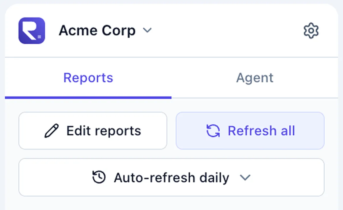 The top of the Runbook sidebar Reports tab showing the Edit reports and Refresh all buttons and the Auto-refresh daily dropdown