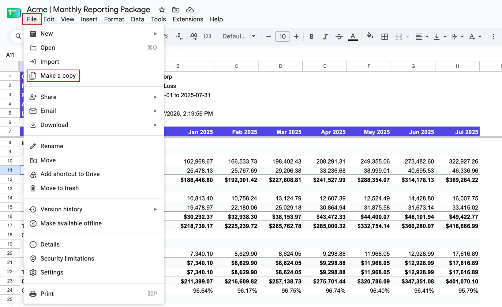 The Google Sheets File menu open on a monthly reporting package workbook with Make a copy highlighted