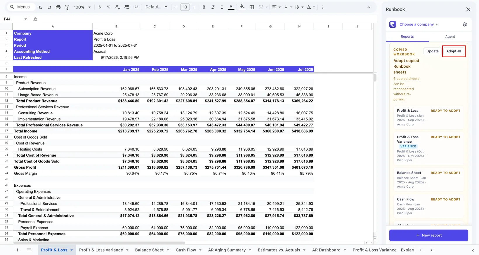 The Runbook sidebar in a copied workbook showing the Copied workbook panel with the Adopt all button highlighted and each report marked Ready to adopt
